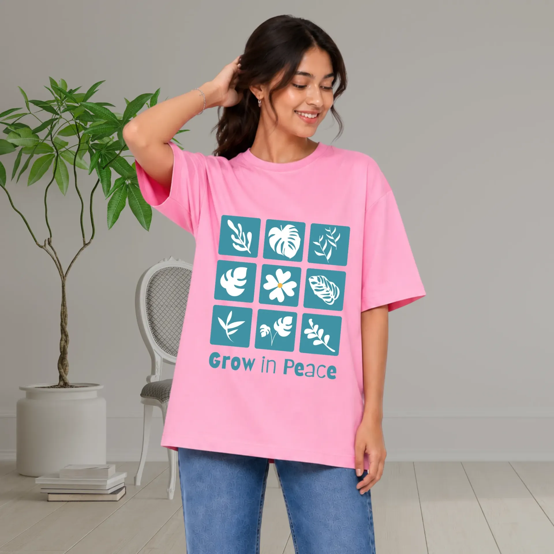 Women's Pink Oversized Cotton T-shirt - Grow in Peace