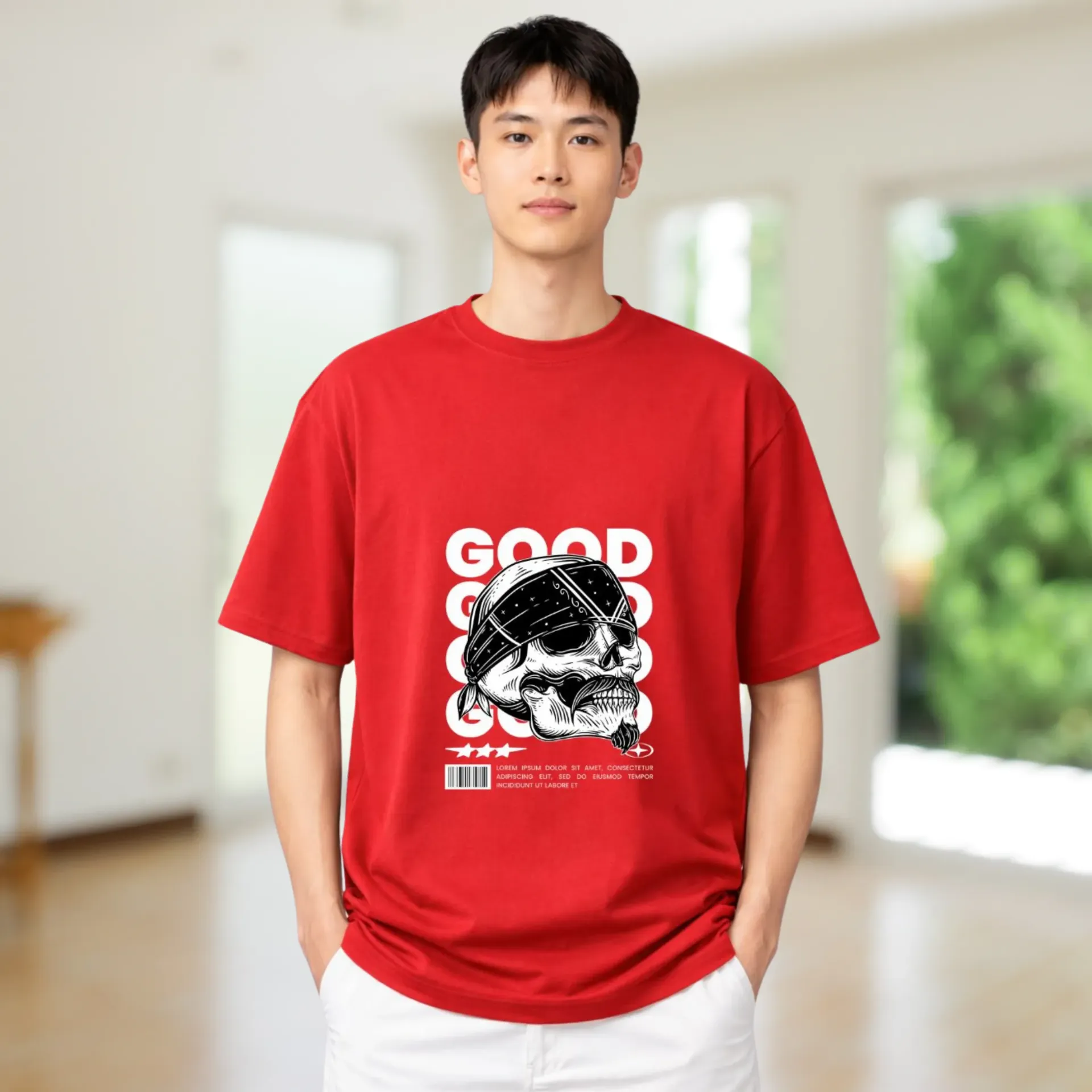 Men's Red Oversized Cotton T-Shirt, Bold Print