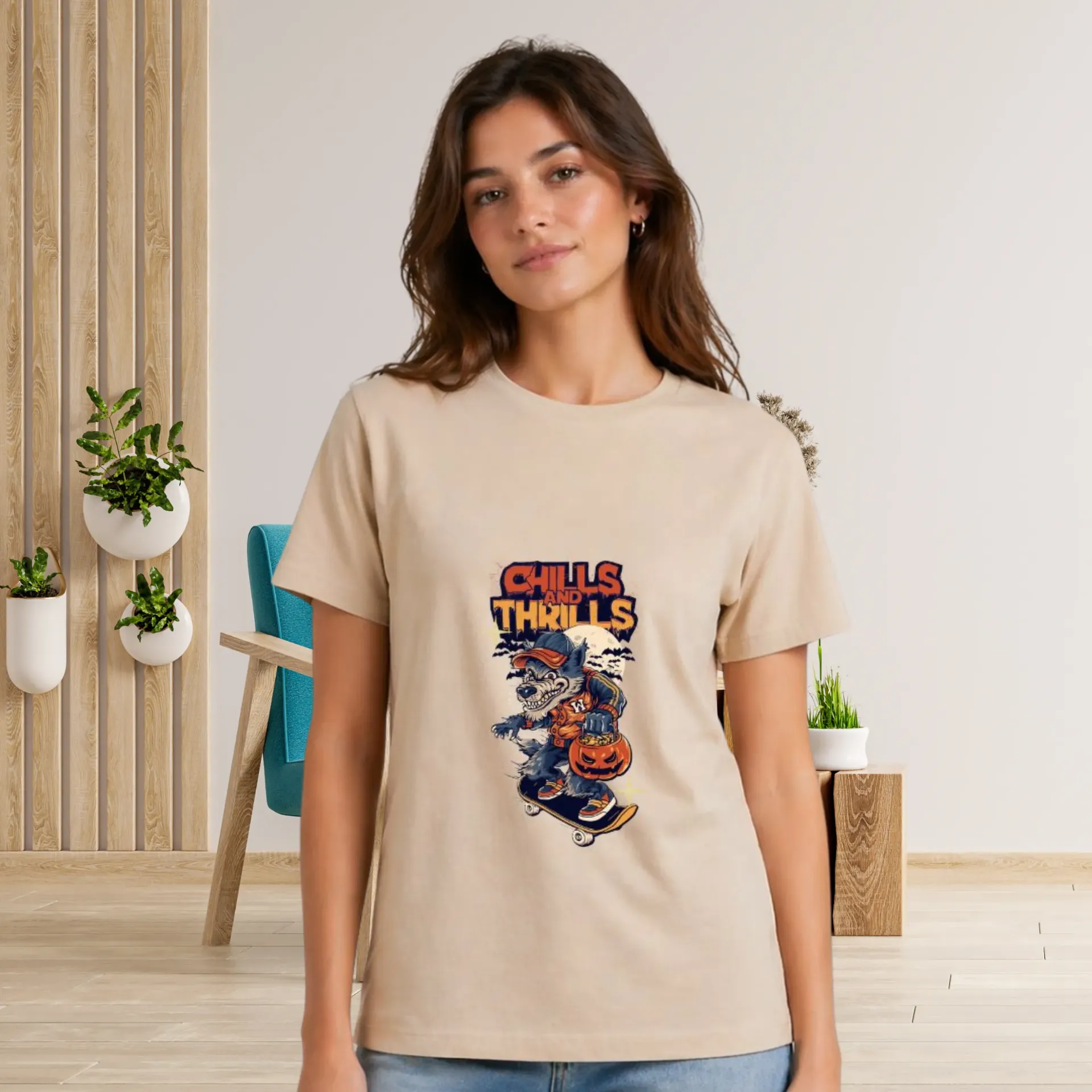 Women's Beige Regular Cotton T-shirt, Thrills Print