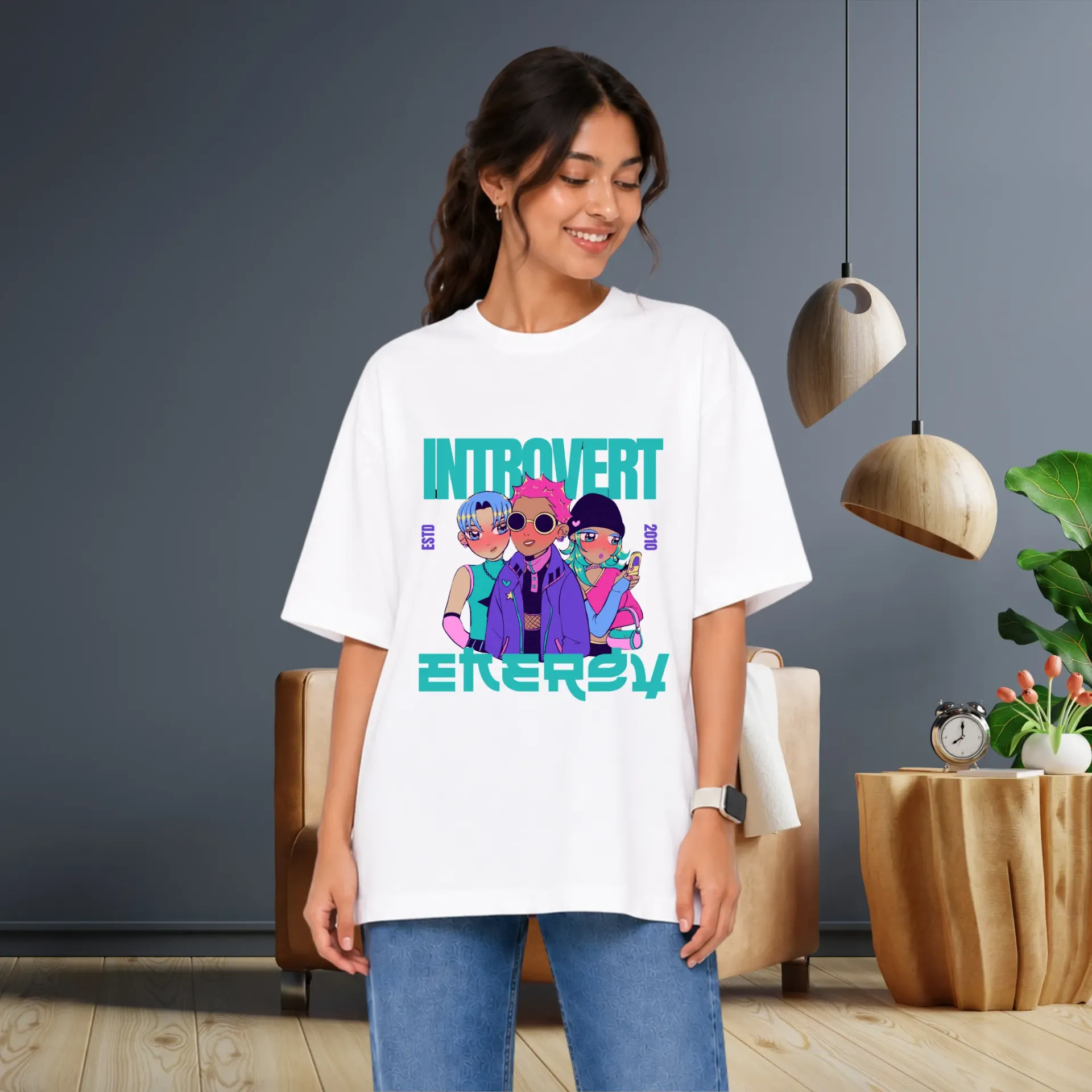 Women's White Oversized Cotton T-shirt - Introvert Print