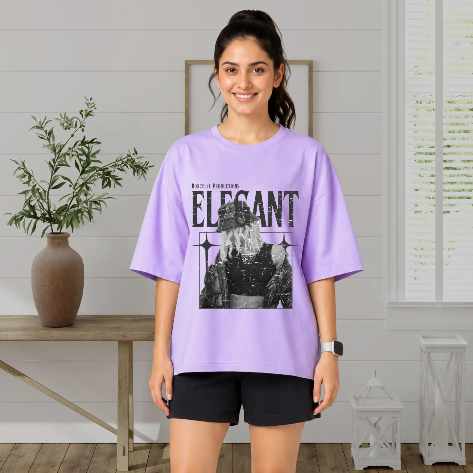 Women's Lavender Oversized Cotton T-shirt - Elegant Print
