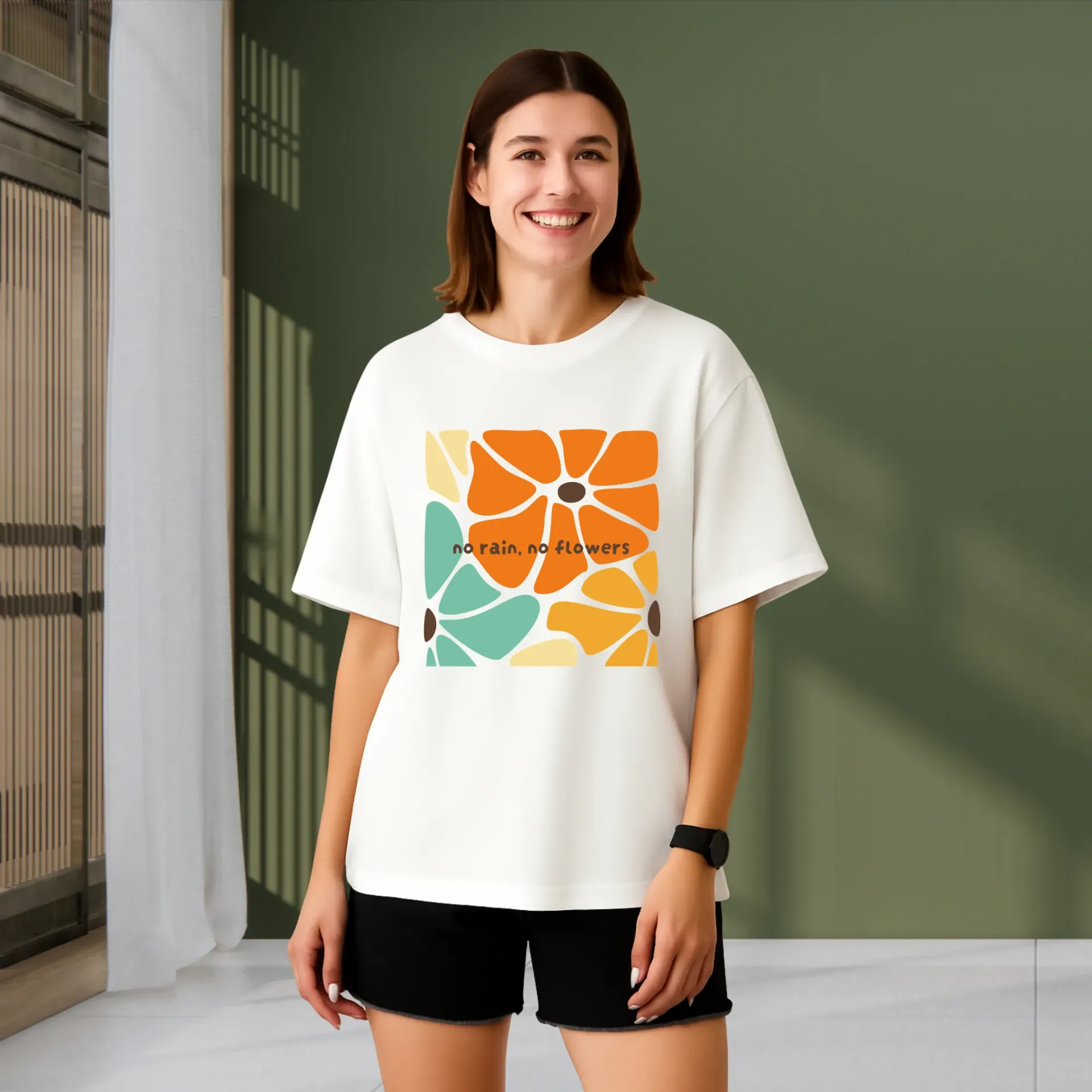 Women's White Oversized Cotton T-shirt - Floral Print