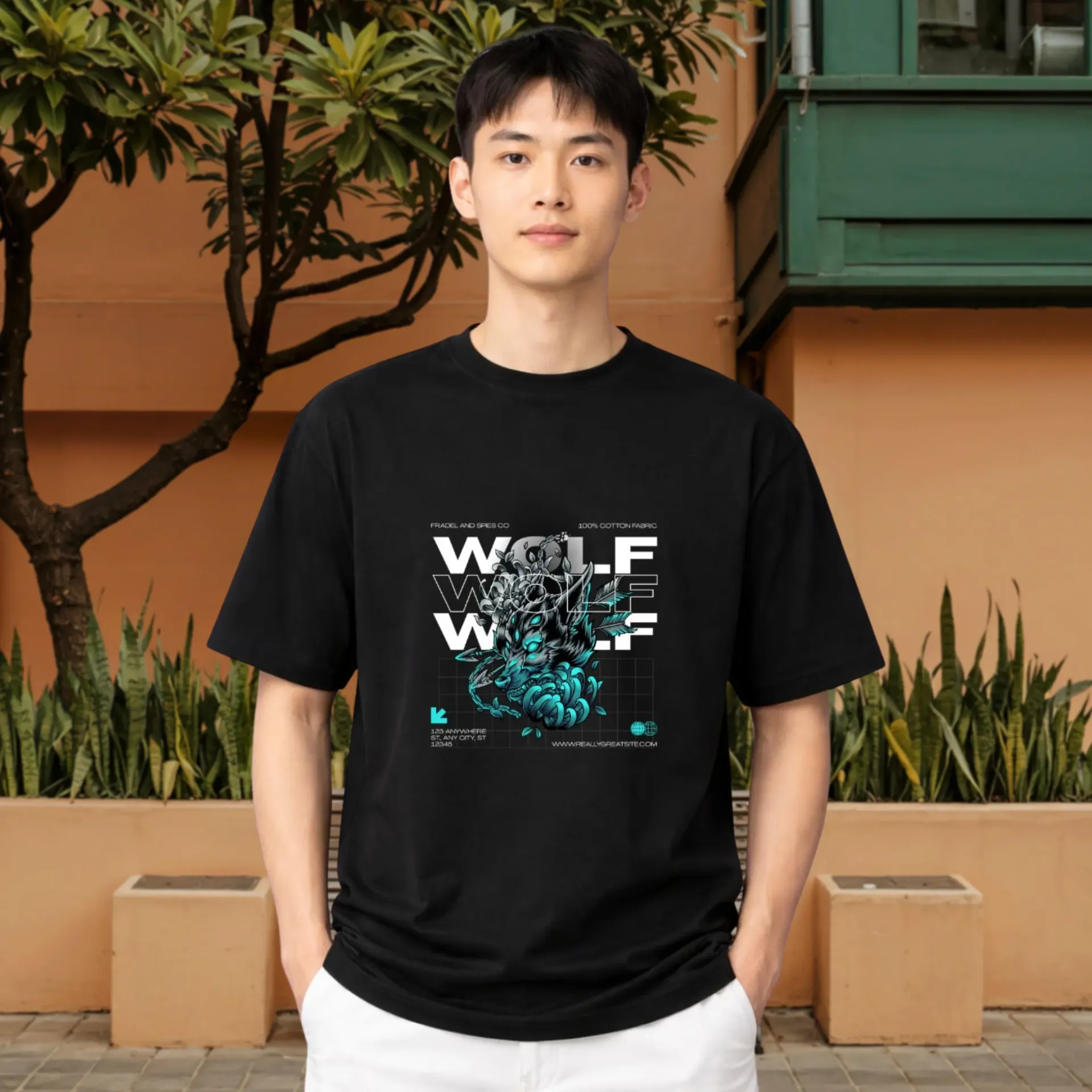 Men's Black Oversized Cotton T-Shirt, Wolf Print